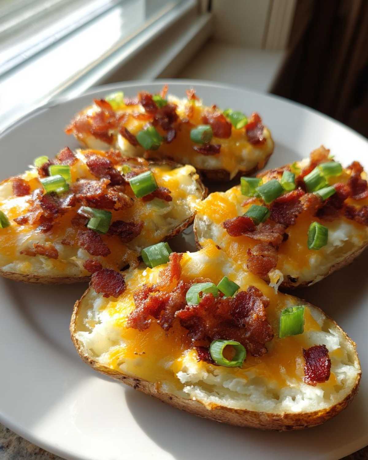 Four halves of crispy potato skins filled with mashed potato, melted cheddar cheese, bacon bits, and green onions.