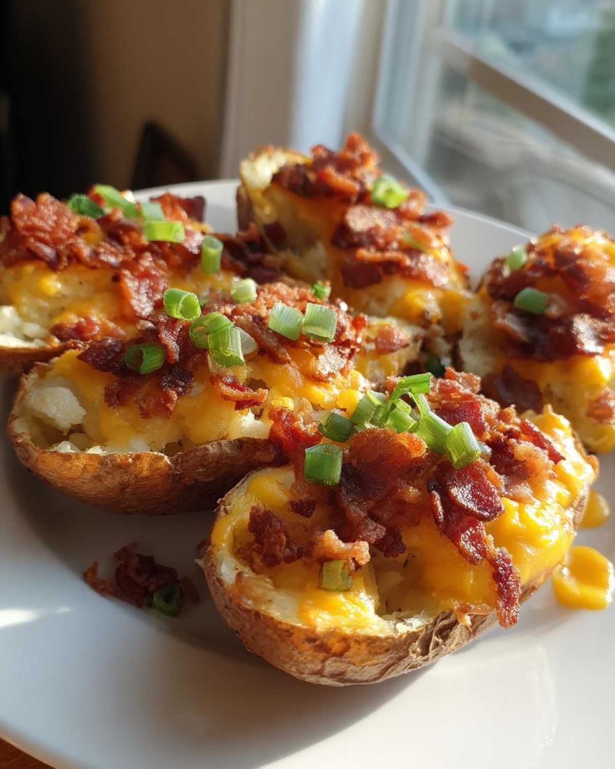 A plate of crispy potato skins loaded with melted cheddar cheese, bacon bits, and green onions.