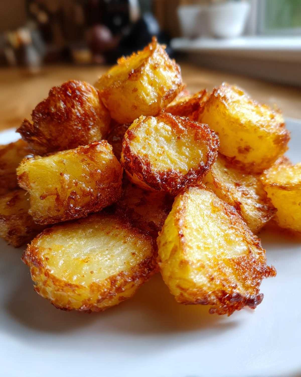 A close-up pile of golden brown, incredibly crispy roast potatoes on a white plate.