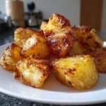 A close-up of golden brown, crispy roast potatoes piled high on a white plate.