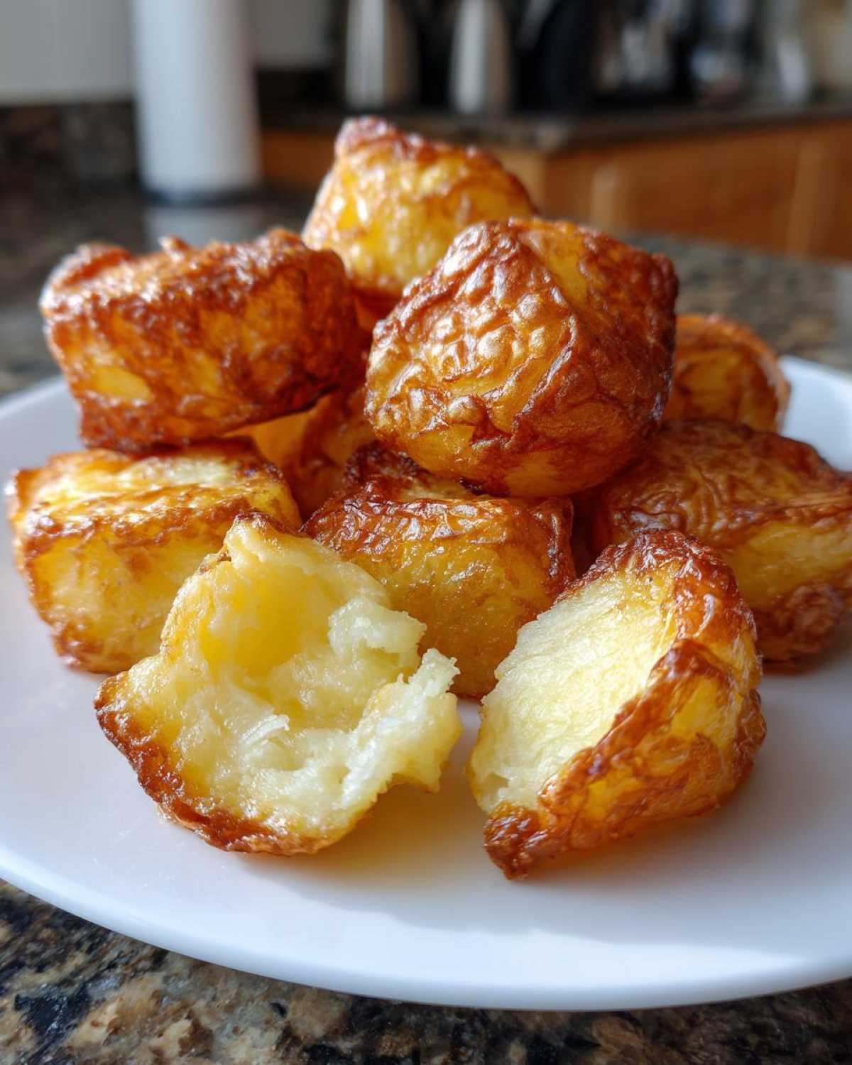 A pile of golden brown, incredibly crispy roast potatoes on a white plate, one broken open showing the fluffy interior.