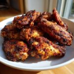 A pile of perfectly cooked, crispy, seasoned chicken wings served on a white plate, highlighting the dark crust.