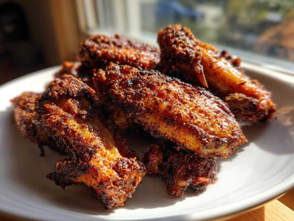 Close-up of several perfectly cooked, crispy, and heavily seasoned chicken wings piled on a white plate.