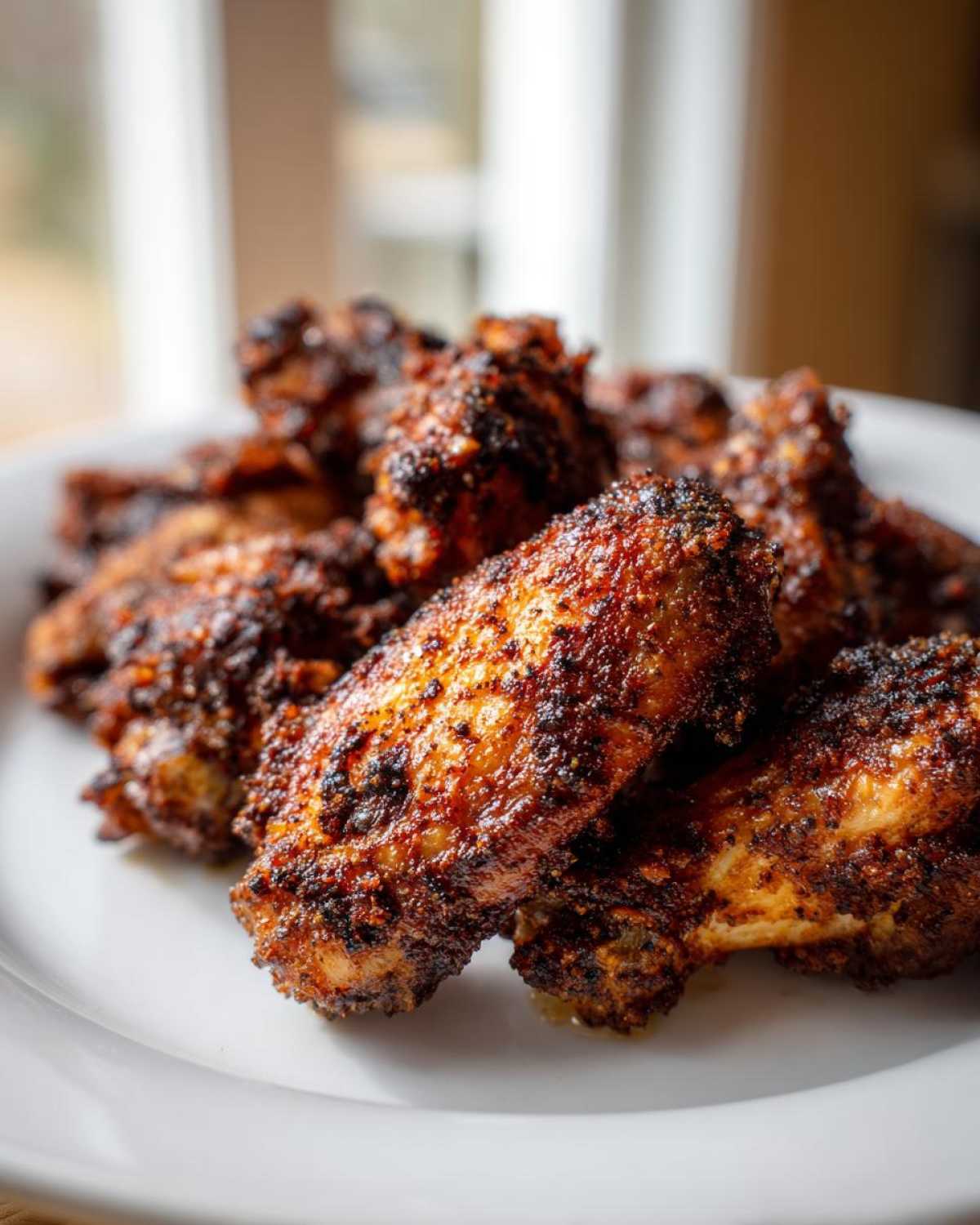 Close-up of perfectly cooked, crispy, and heavily seasoned chicken wings piled on a white plate.