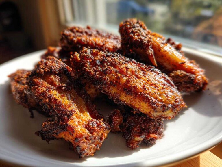Close-up of several perfectly cooked, crispy, and heavily seasoned chicken wings piled on a white plate.