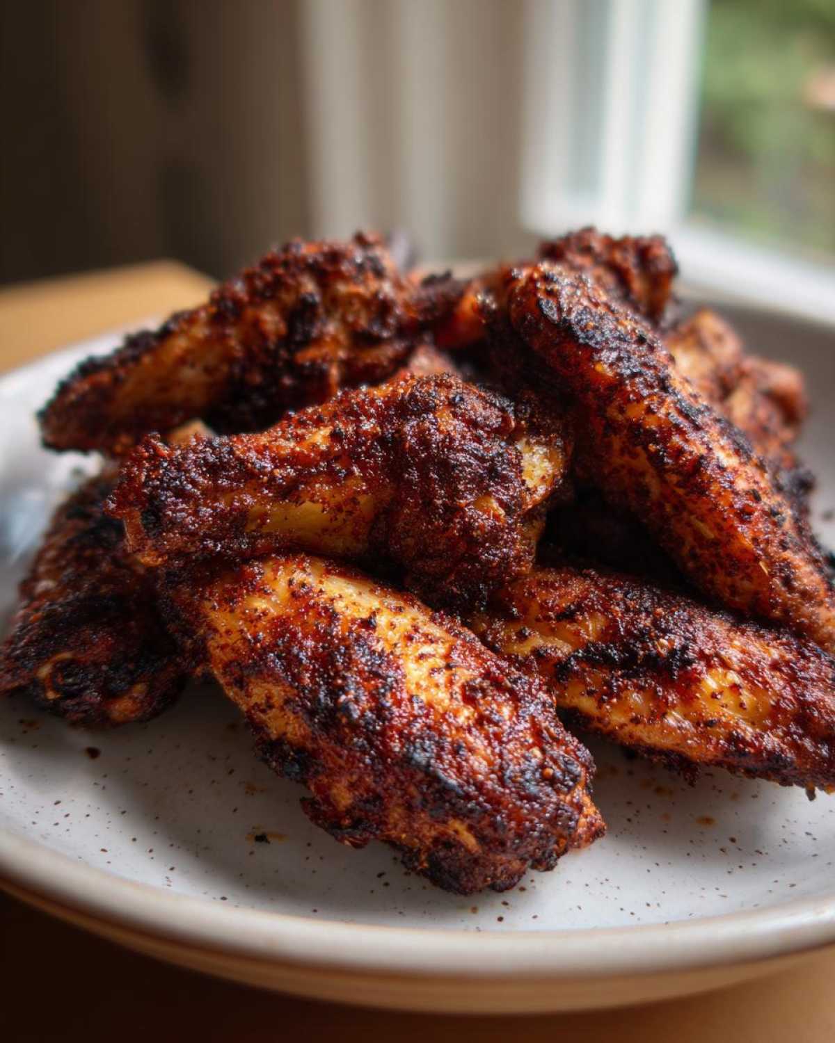 Close-up of perfectly cooked, heavily seasoned chicken wings piled on a speckled white plate.