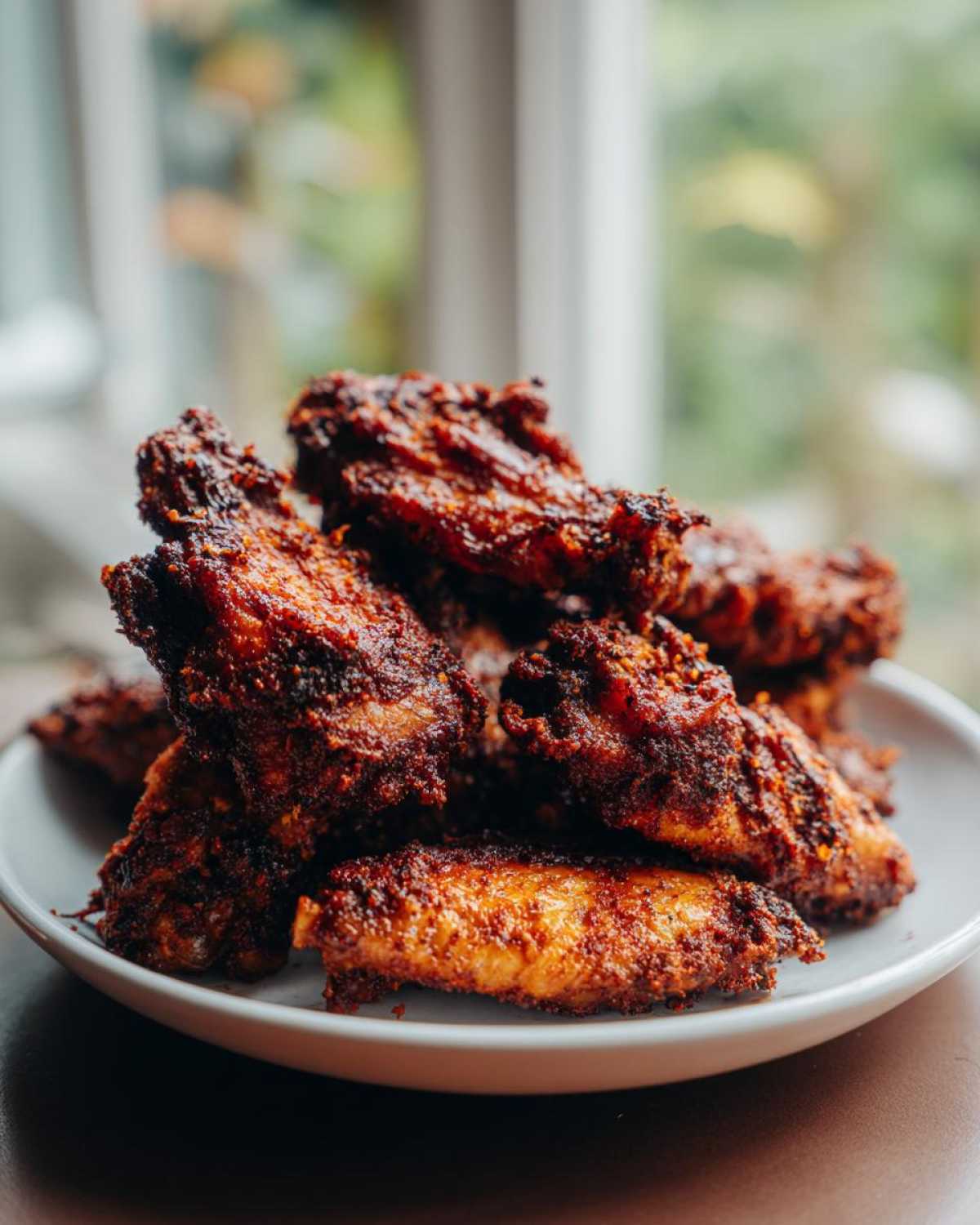 A close-up of a pile of dark, crispy, perfectly cooked chicken wings seasoned with spices, served on a white plate.