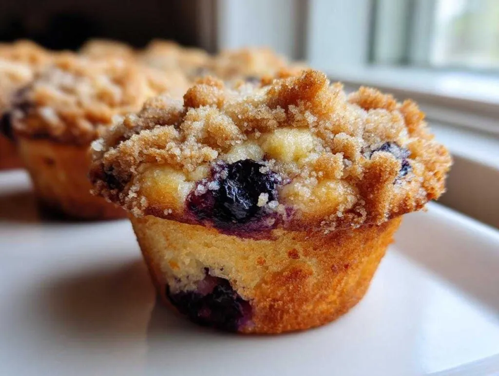 A close-up, featured image of a golden-brown blueberry muffin topped with a generous layer of brown sugar streusel topping.