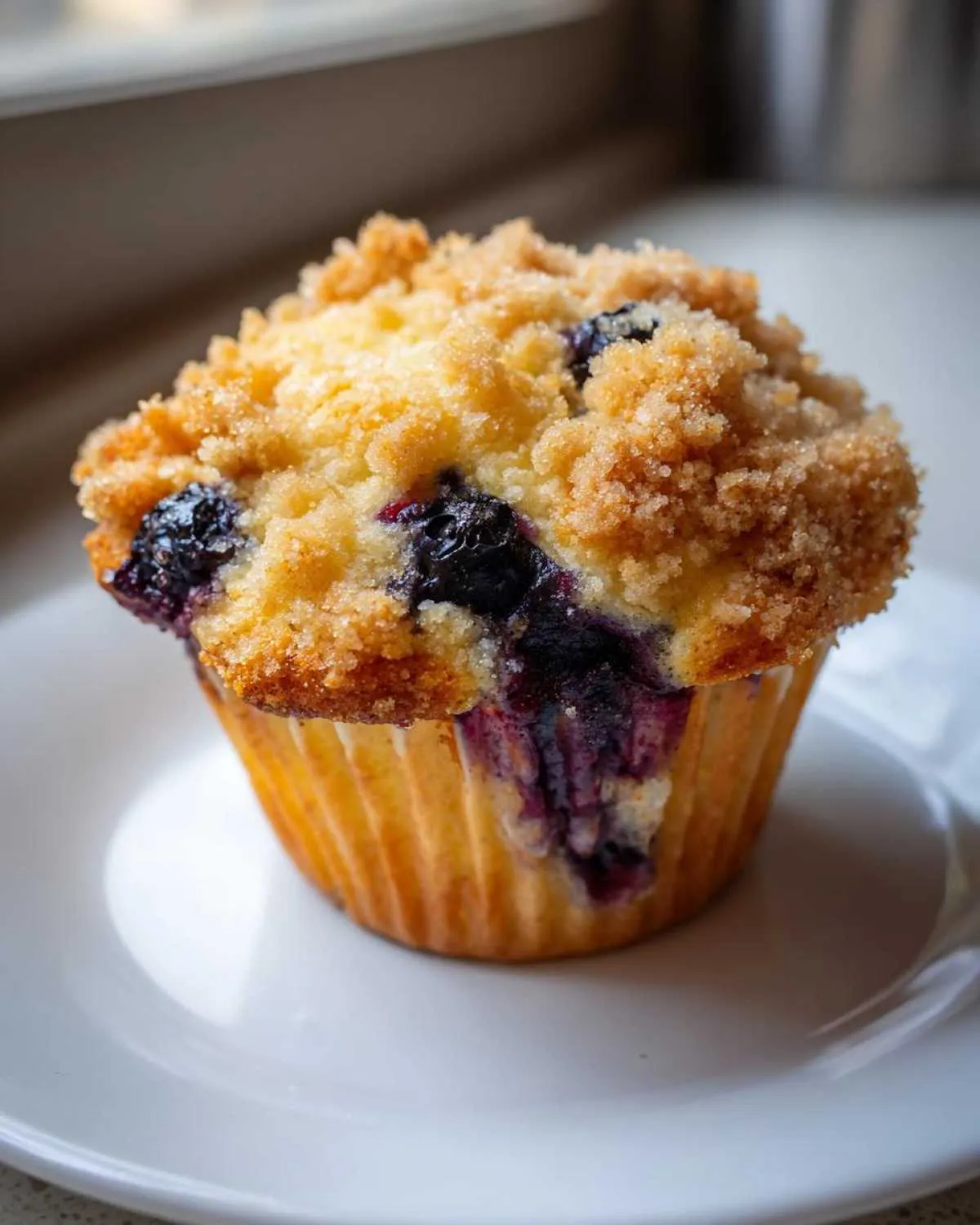 A single, delicious blueberry muffin with a golden crumb topping sitting on a white plate.