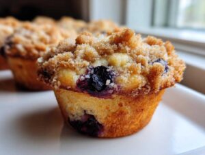 A close-up, featured image of a golden-brown blueberry muffin topped with a generous layer of brown sugar streusel topping.