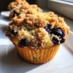 A close-up, appetizing photo of a golden blueberry muffin topped with a thick, sugary crumb topping.
