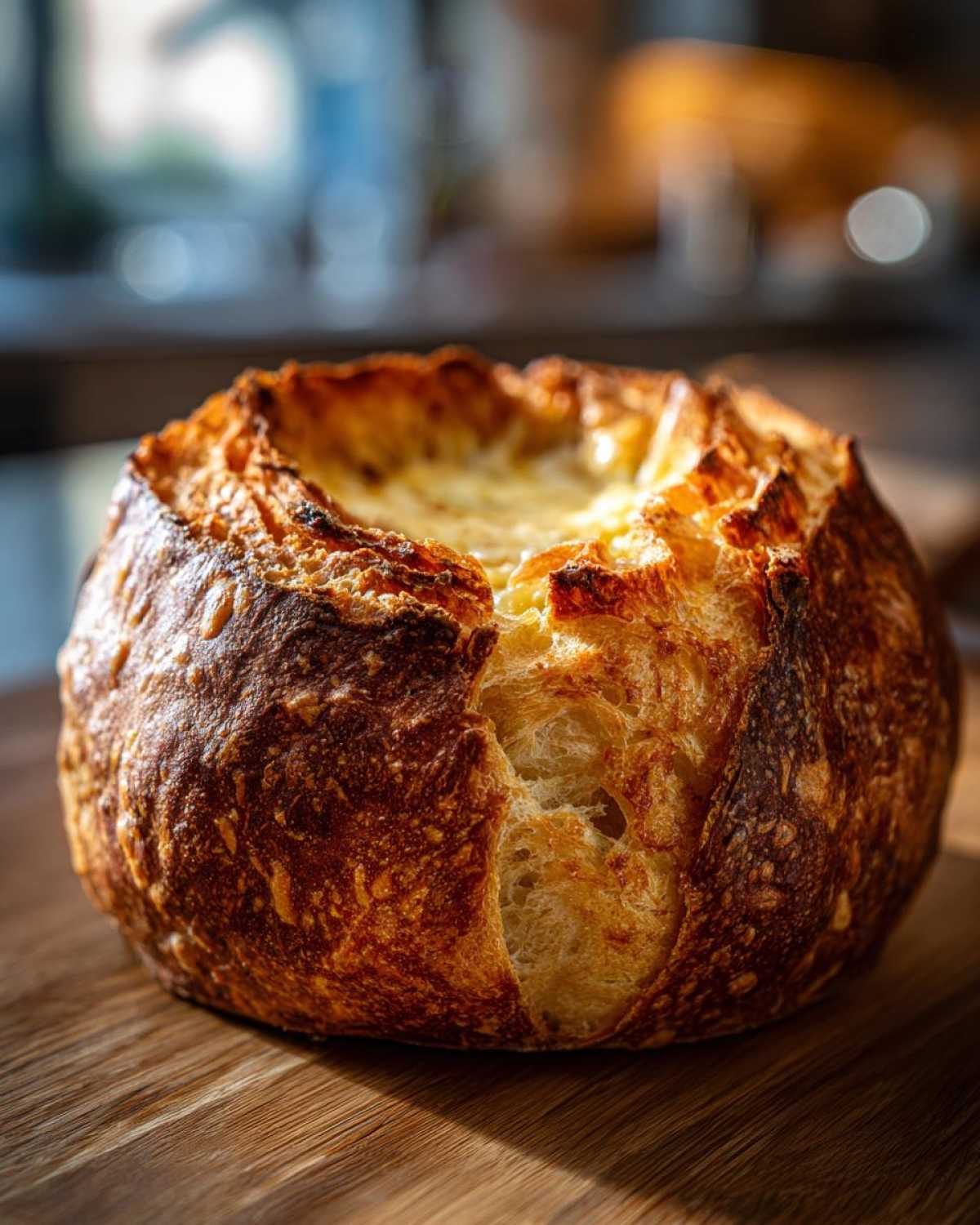 A close-up of a golden-brown, crusty sourdough bread bowl ready to hold soup for soup night.