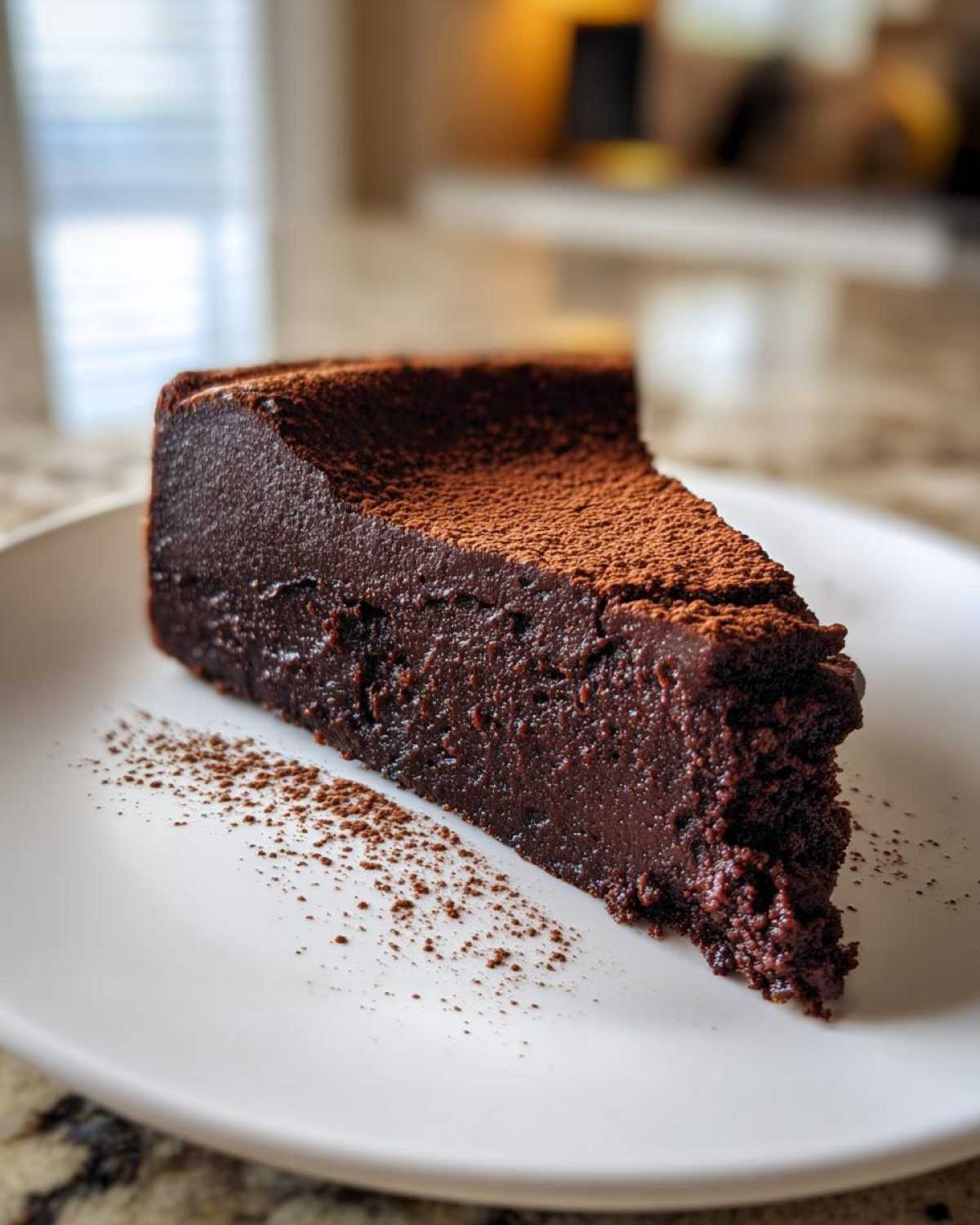 A decadent slice of flourless chocolate torte, intensely dark and dusted with cocoa powder, served on a white plate.