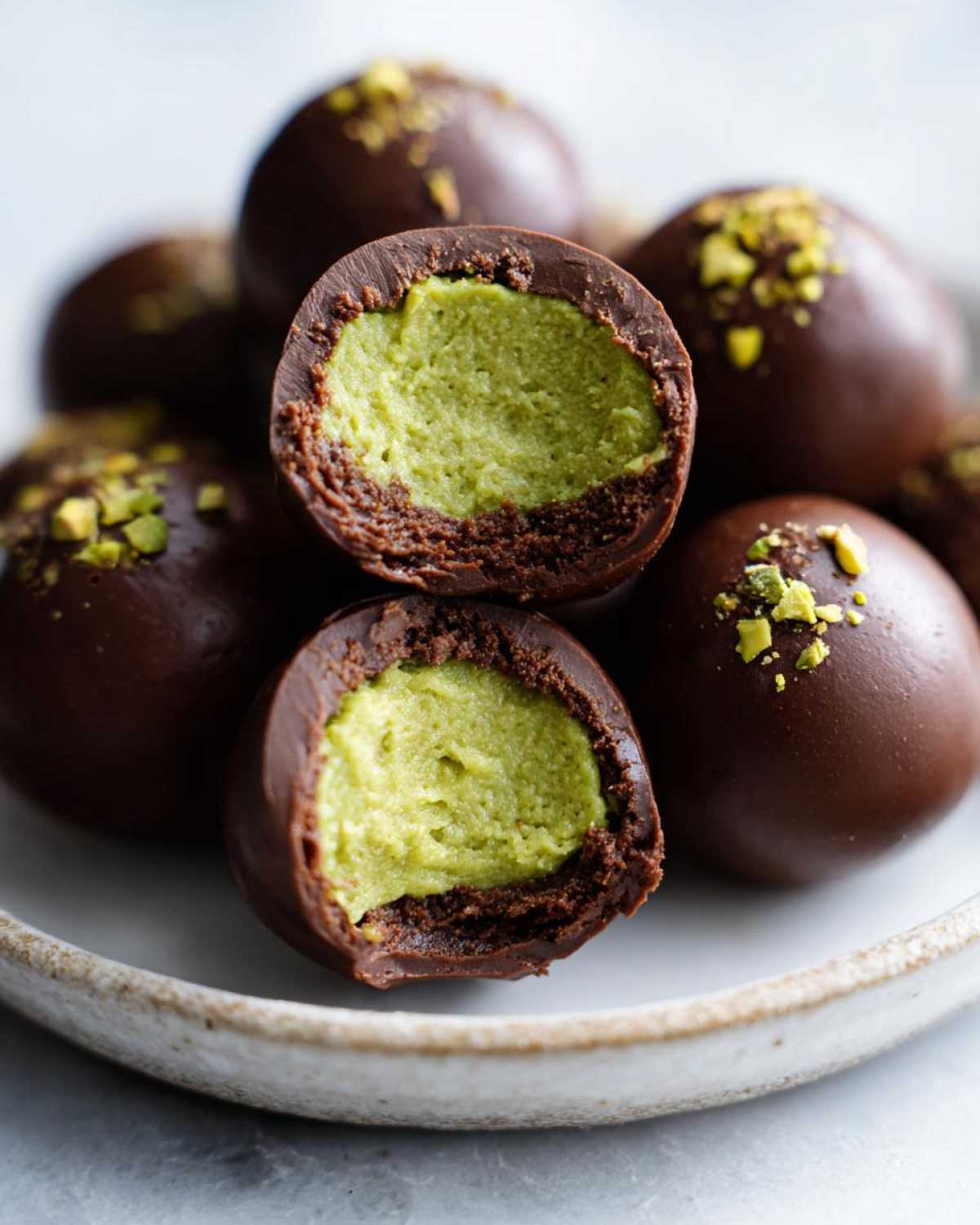 Close-up of dubai chocolate balls, one cut in half revealing a bright green pistachio filling inside a dark chocolate shell.