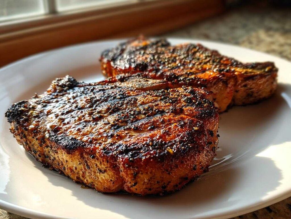 Two thick, juicy air fryer pork chops with a dark, seasoned crust resting on a white plate, backlit by a window.