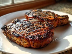 Two thick, juicy air fryer pork chops with a dark, seasoned crust resting on a white plate, backlit by a window.