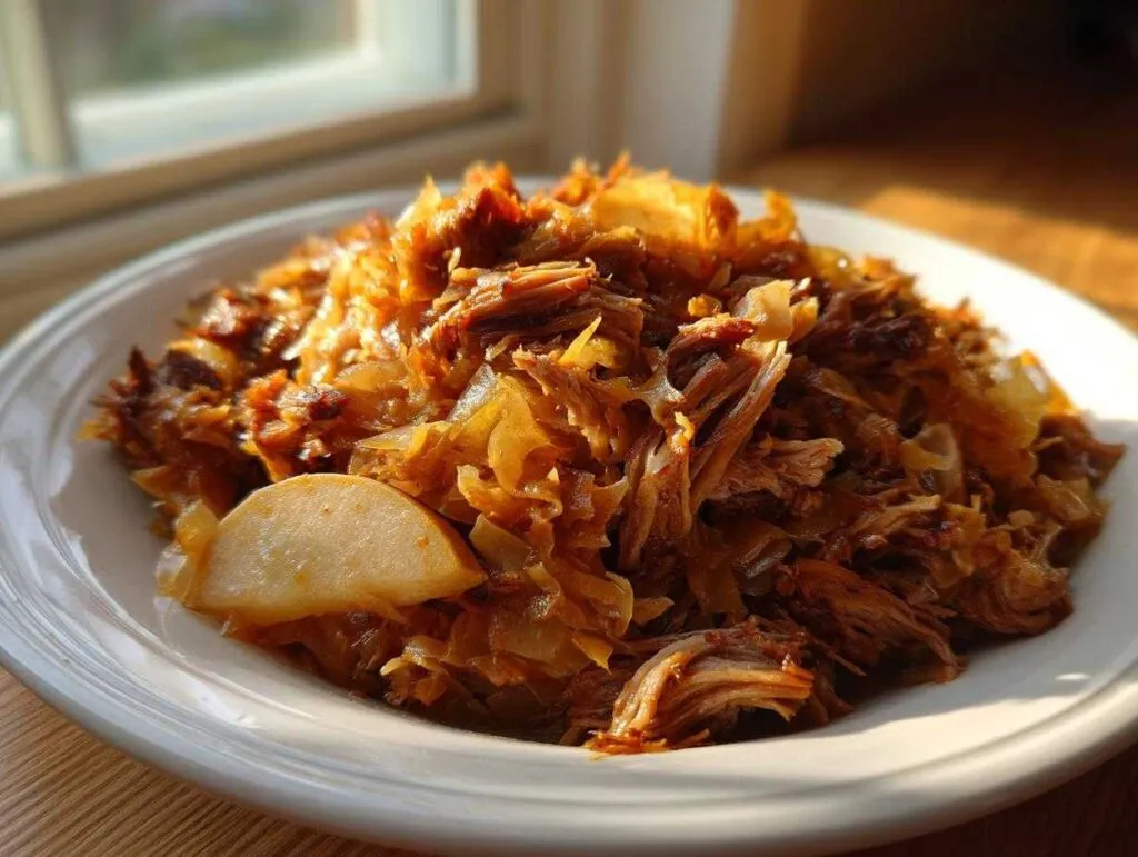 A close-up of a white plate filled with tender, shredded pork and sauerkraut, highlighted by natural sunlight.