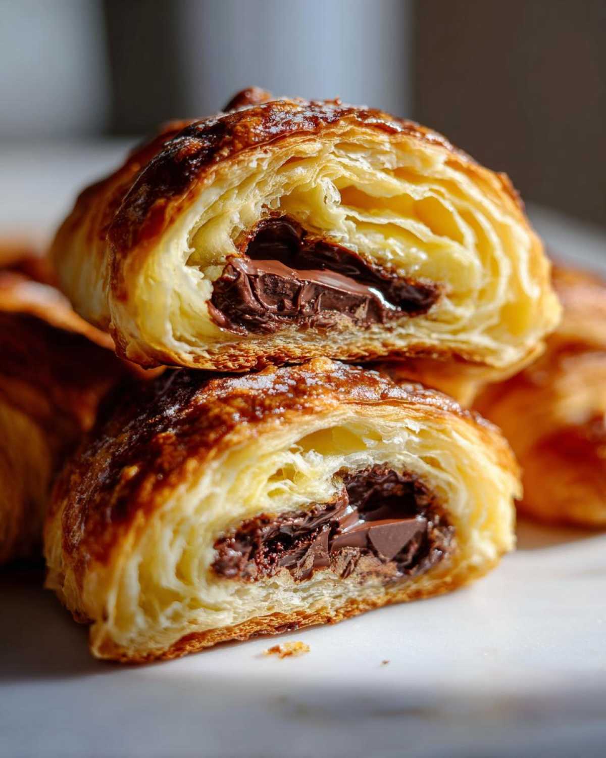 Close-up of a flaky chocolate croissant cut in half, showing layers and melted chocolate filling.