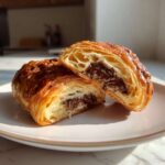 A flaky, golden-brown chocolate croissant cut in half, revealing a gooey, melted chocolate center.