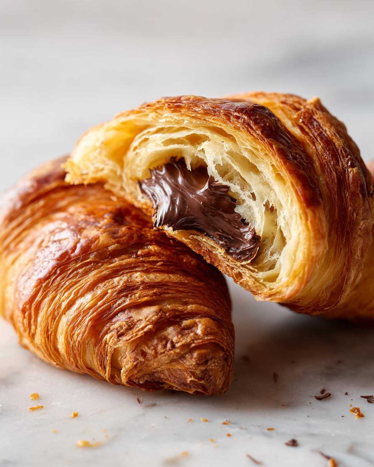 Close-up of a flaky, golden-brown chocolate croissant cut in half, revealing gooey melted chocolate filling.