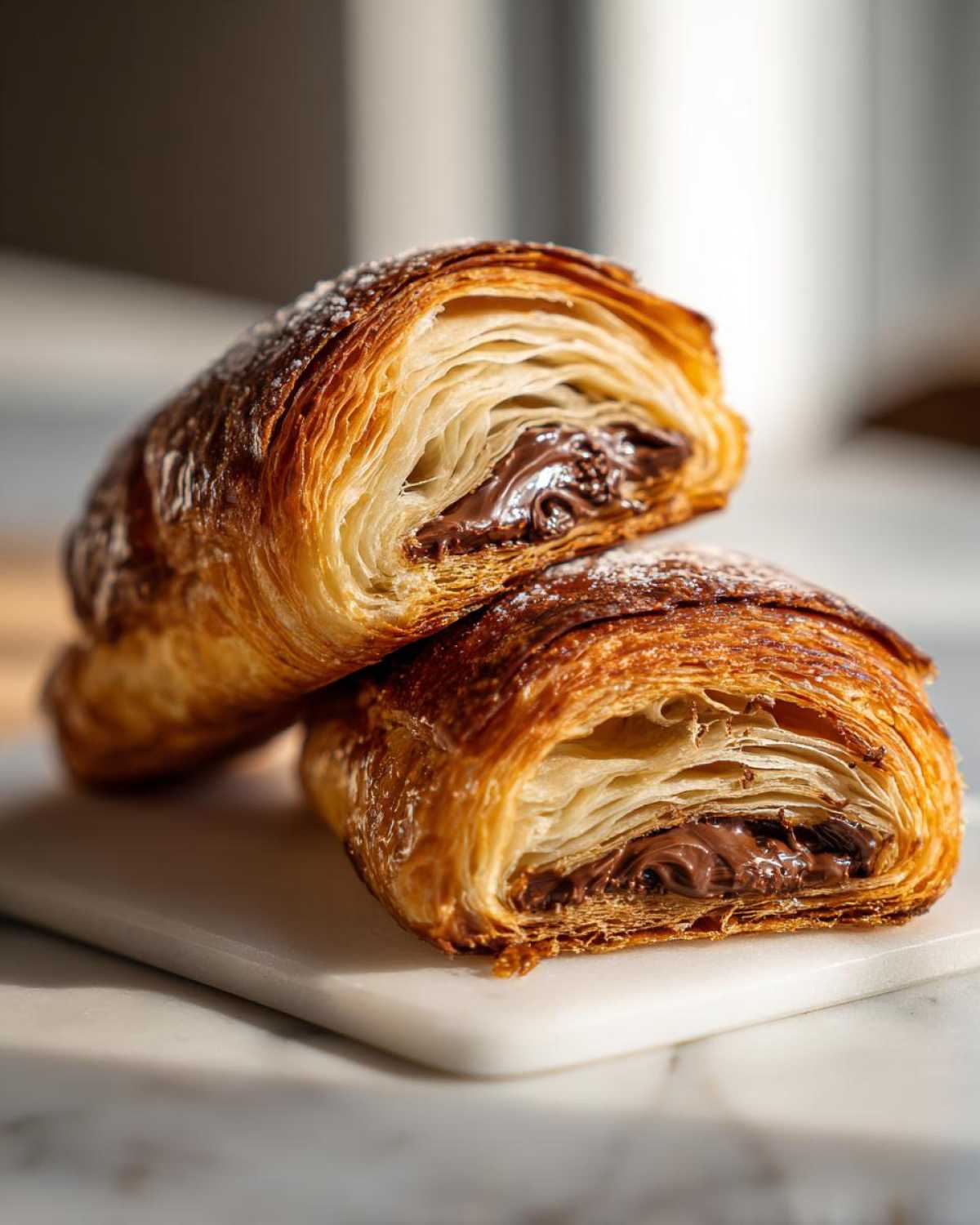 Two halves of a flaky, golden brown chocolate croissant showing the rich, melted chocolate filling inside.