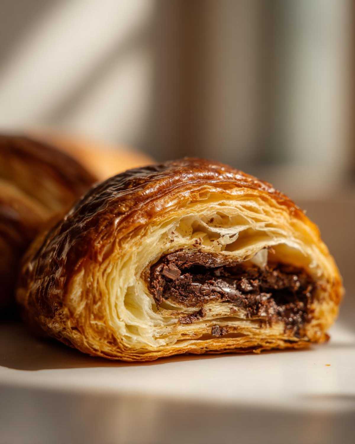 Close-up of a freshly baked chocolate croissant cut in half, showing flaky layers and melted chocolate filling.