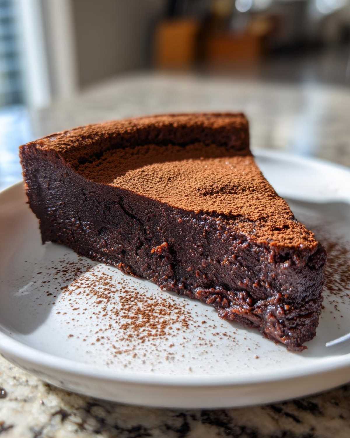 A dense, dark slice of flourless chocolate torte dusted generously with cocoa powder, served on a white plate.