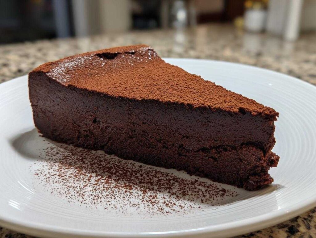A rich, dark slice of flourless chocolate torte dusted heavily with cocoa powder, served on a white plate.