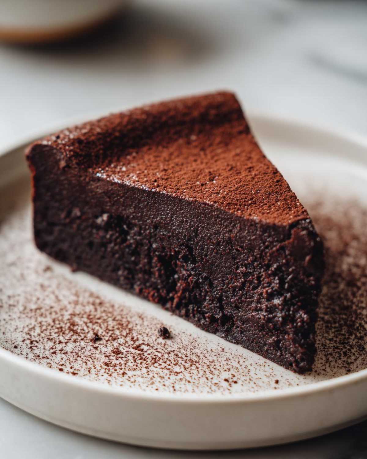 A close-up of a dense, dark slice of flourless chocolate torte dusted generously with cocoa powder on a white plate.