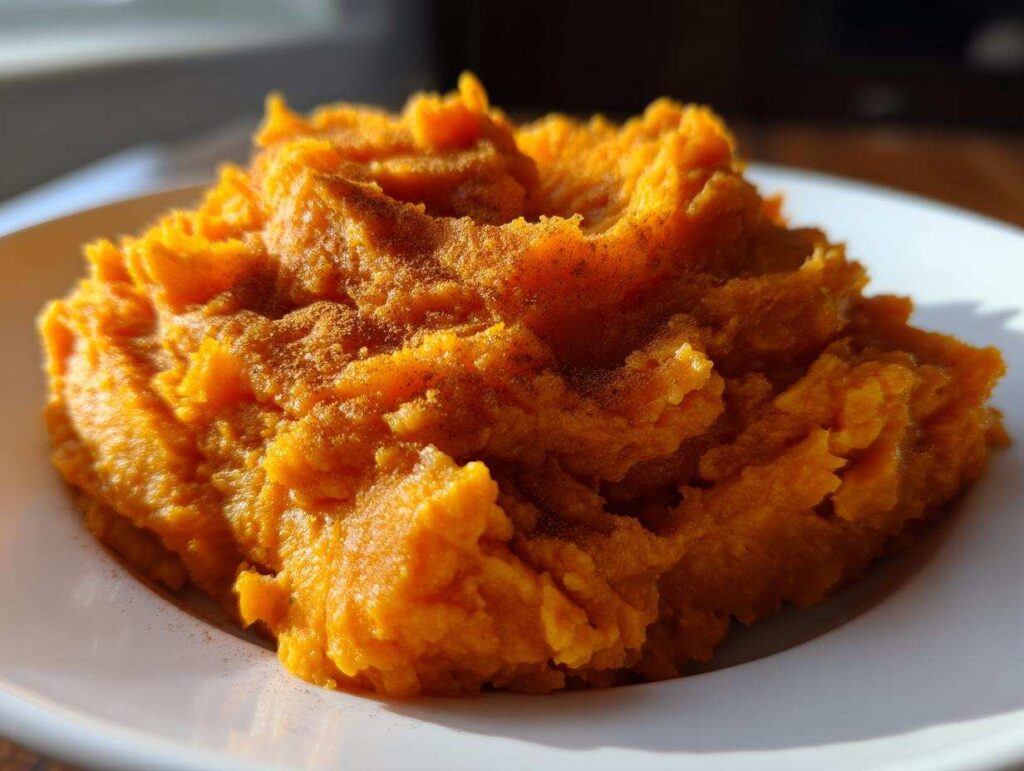 A close-up of fluffy, vibrant orange mashed sweet potatoes sprinkled with cinnamon on a white plate.