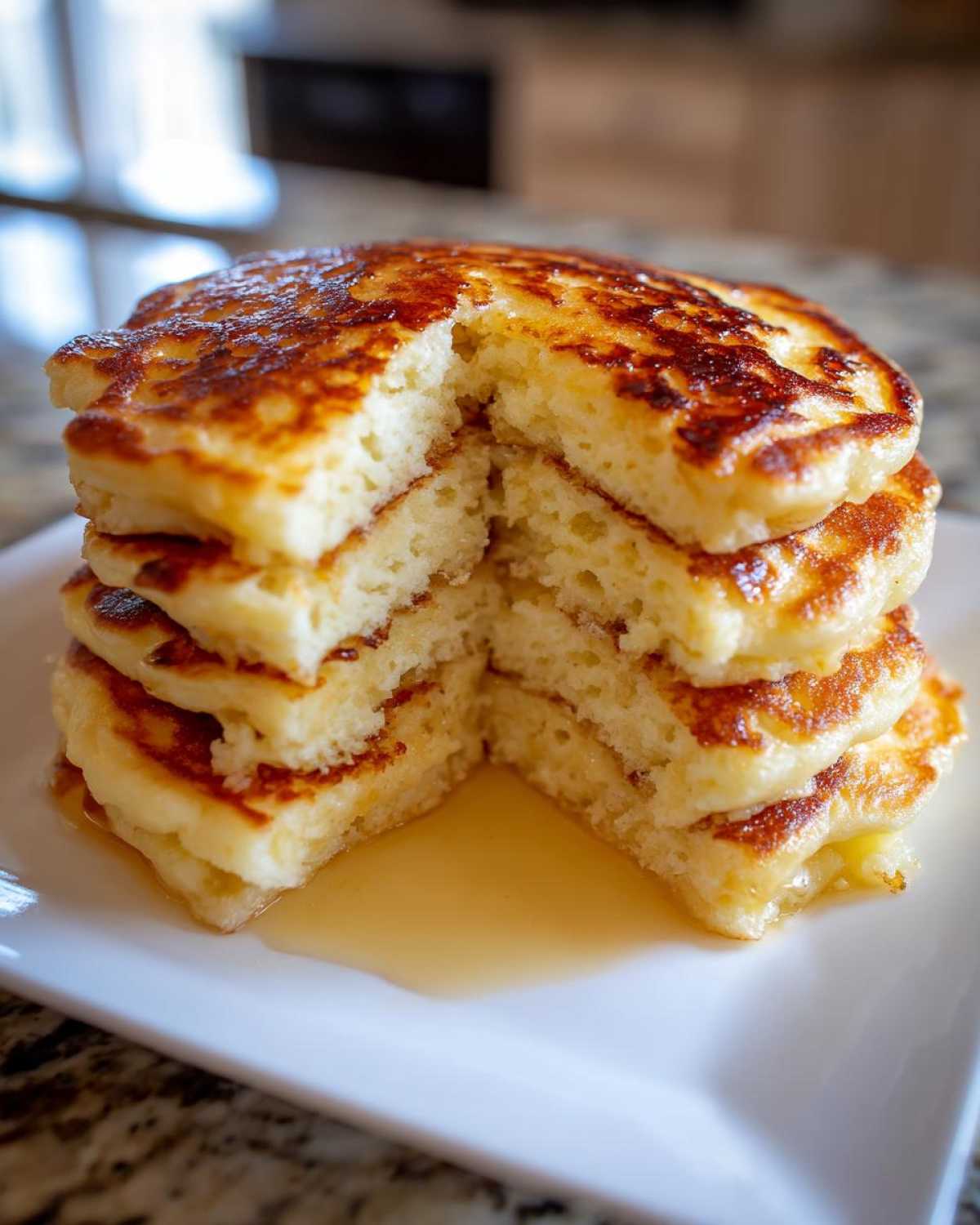 Close-up of a tall stack of fluffy pancakes with a piece removed, showing the airy interior and syrup pooling below.