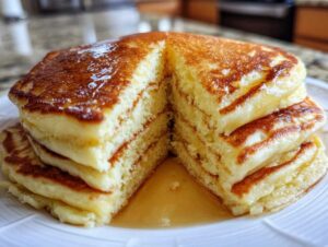 A tall stack of fluffy pancakes cut in half, showing the light, airy interior and drizzled with syrup.