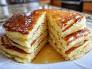 A tall stack of fluffy pancakes cut in half, showing the light, airy interior and drizzled with syrup.