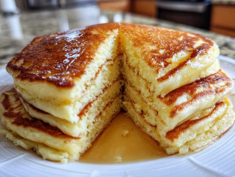 A tall stack of fluffy pancakes cut in half, showing the light, airy interior and drizzled with syrup.