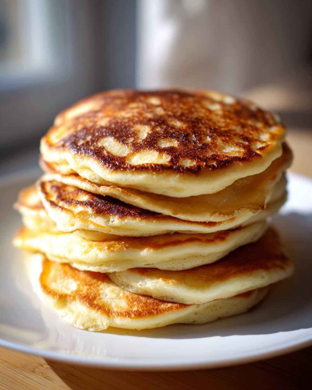 A tall stack of five fluffy pancakes with perfectly golden brown, slightly crispy tops.