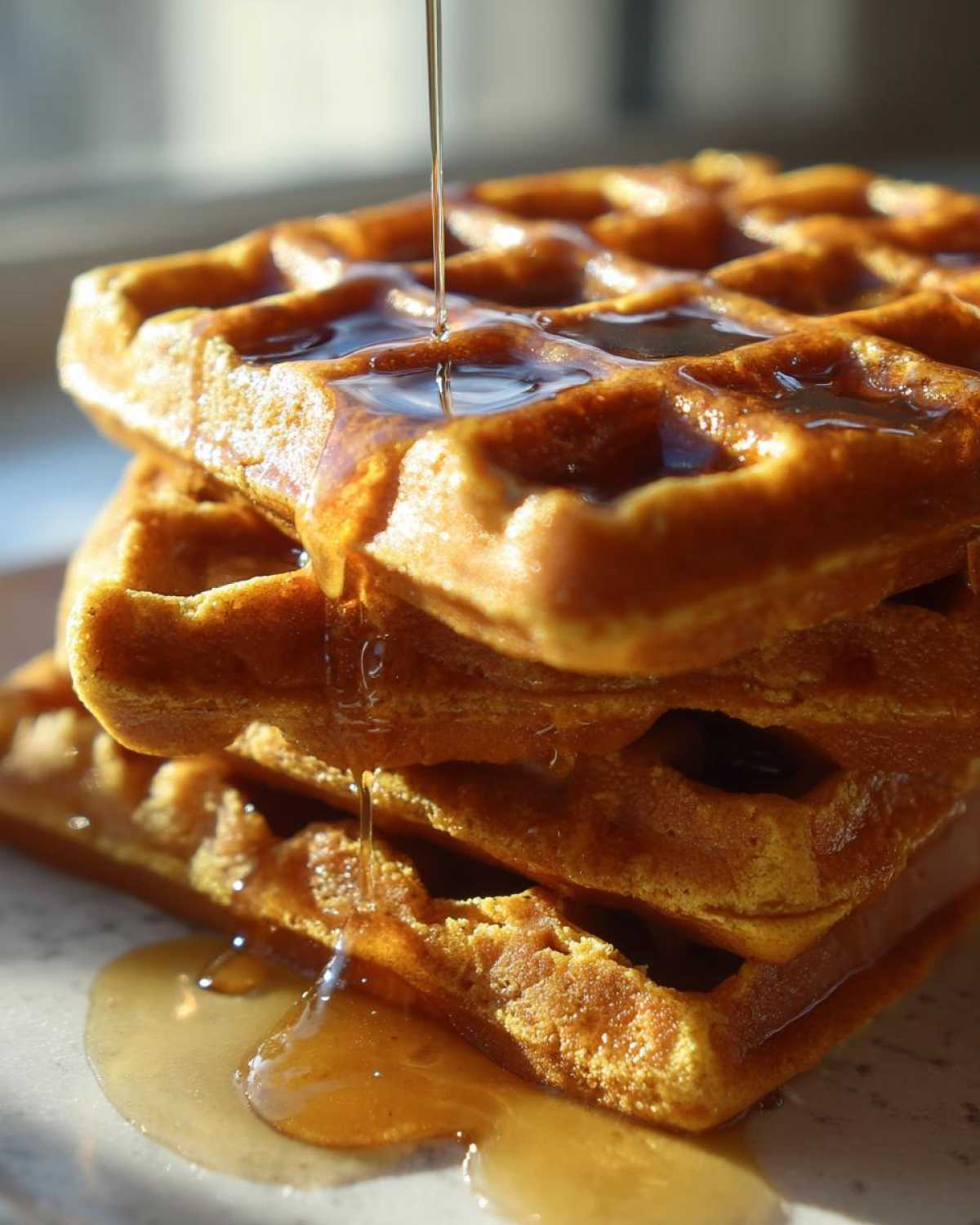Close-up of a stack of fluffy pumpkin waffles with golden syrup being poured over the top.