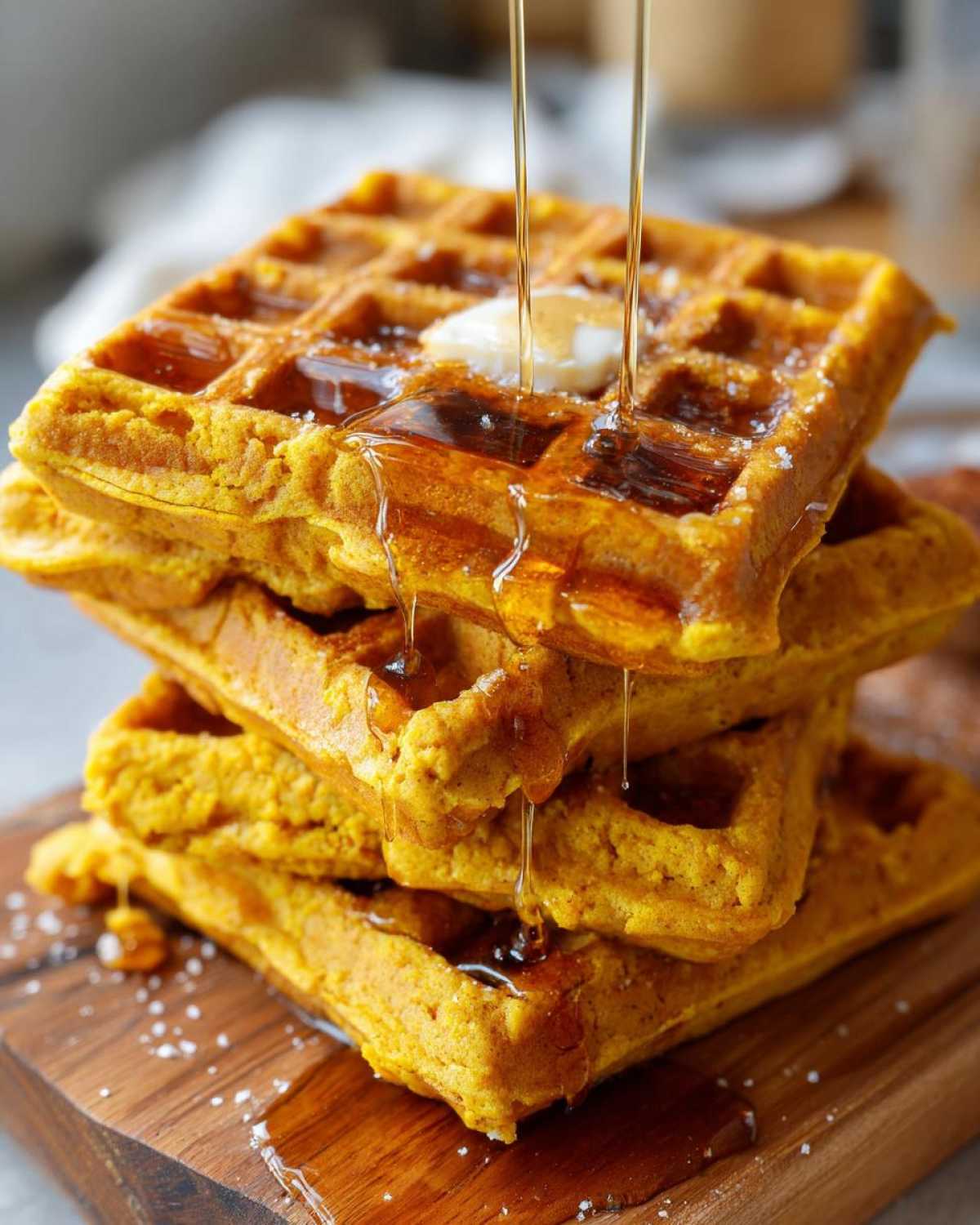 A tall stack of four fluffy pumpkin waffles topped with melting butter and drizzled generously with maple syrup.