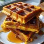 Close-up of a stack of three fluffy pumpkin waffles generously drizzled with maple syrup.
