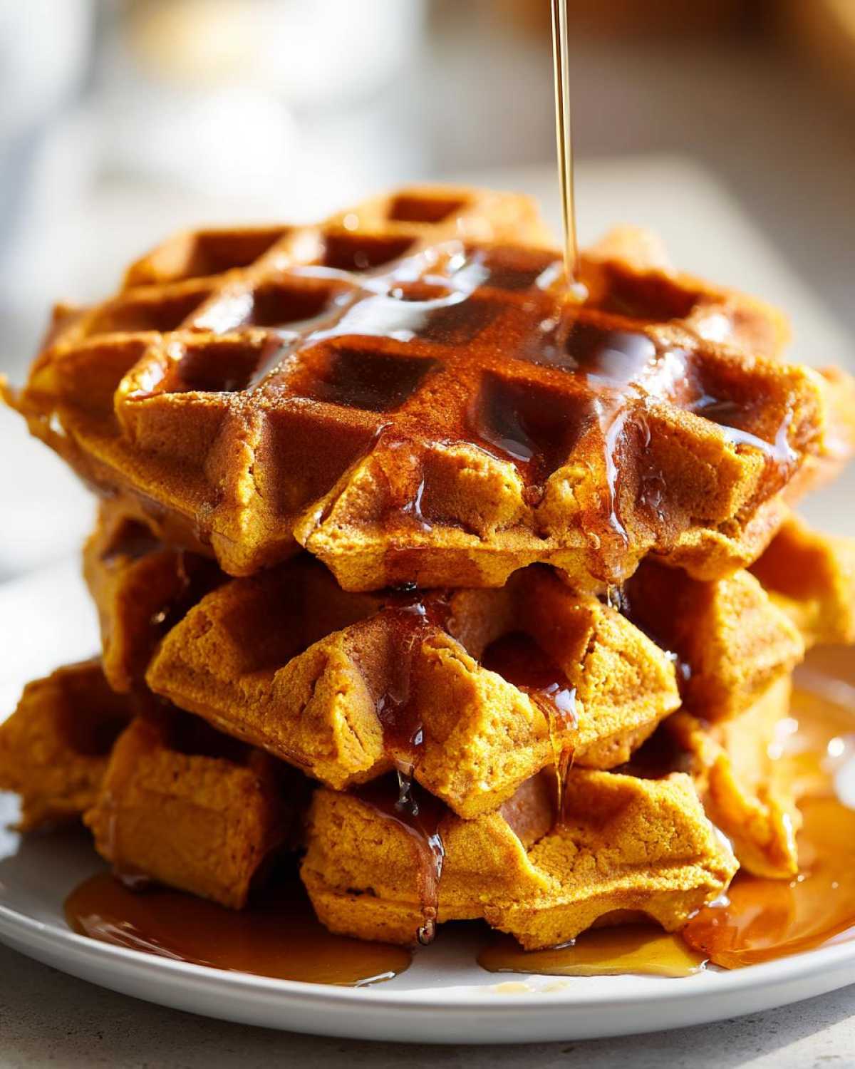 A tall stack of fluffy, orange-hued pumpkin waffles being drizzled with maple syrup.