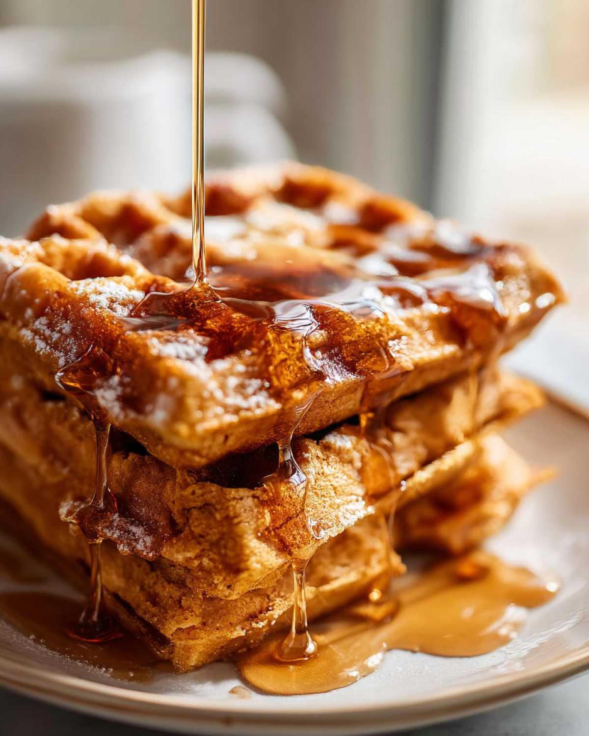 Close-up of a stack of fluffy pumpkin waffles being drizzled generously with golden syrup.