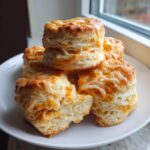 A stack of five tall, flaky sweet potato biscuits drizzled with a light glaze, sitting on a white plate.