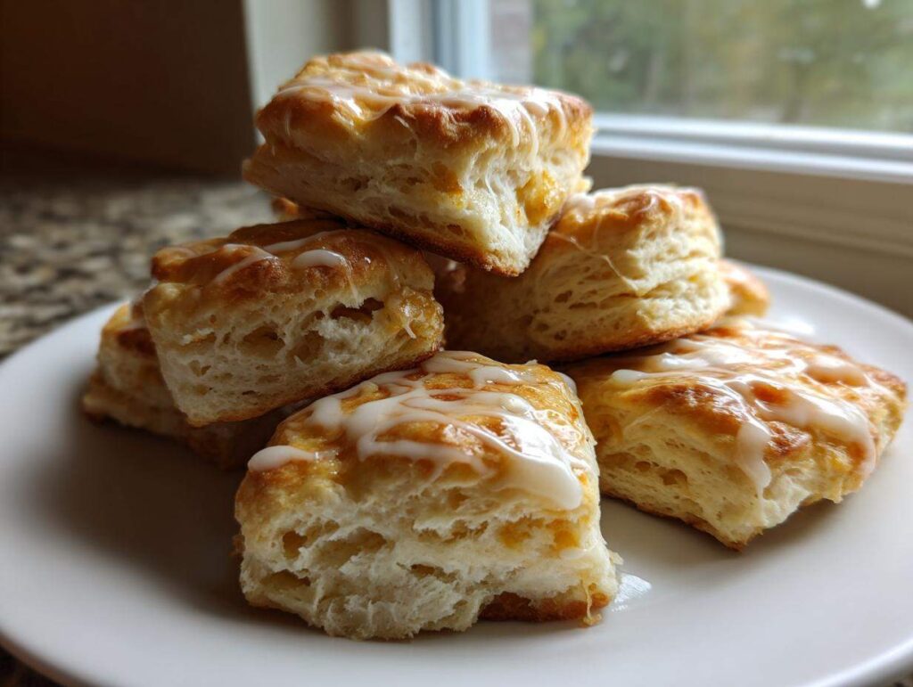 A stack of freshly baked, flaky sweet potato biscuits drizzled with white icing on a white plate.