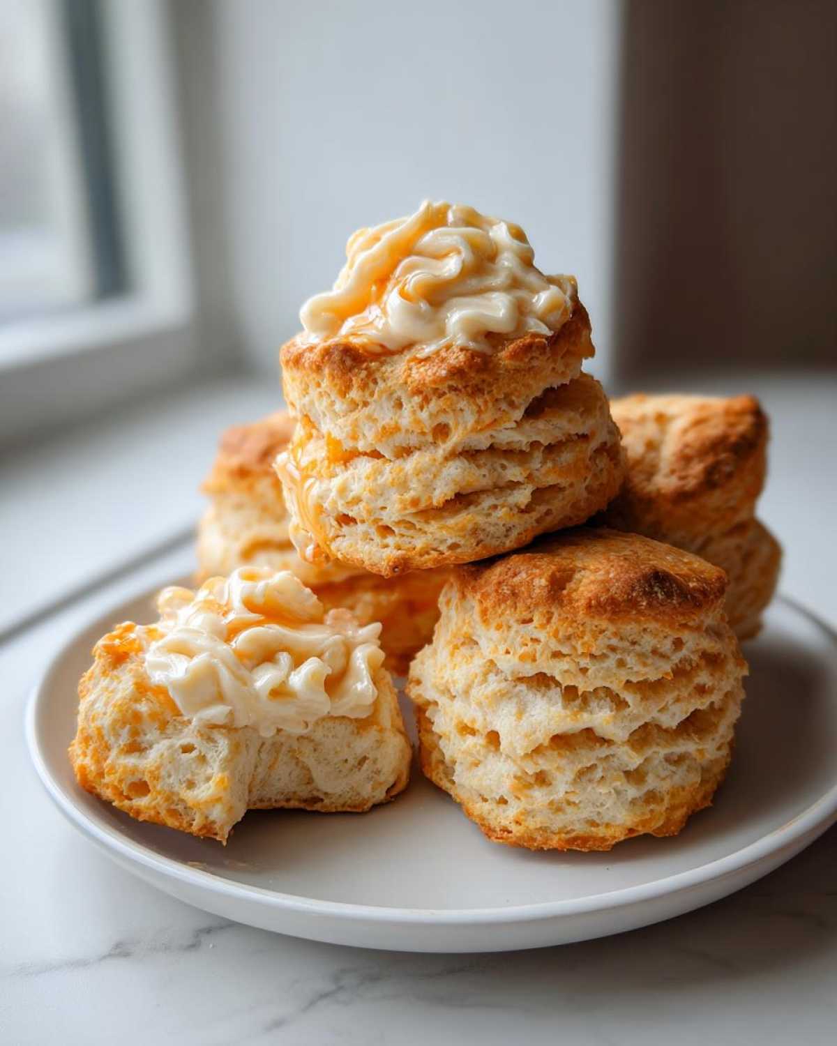 A stack of golden brown, flaky sweet potato biscuits topped with creamy frosting and a drizzle of caramel or glaze.