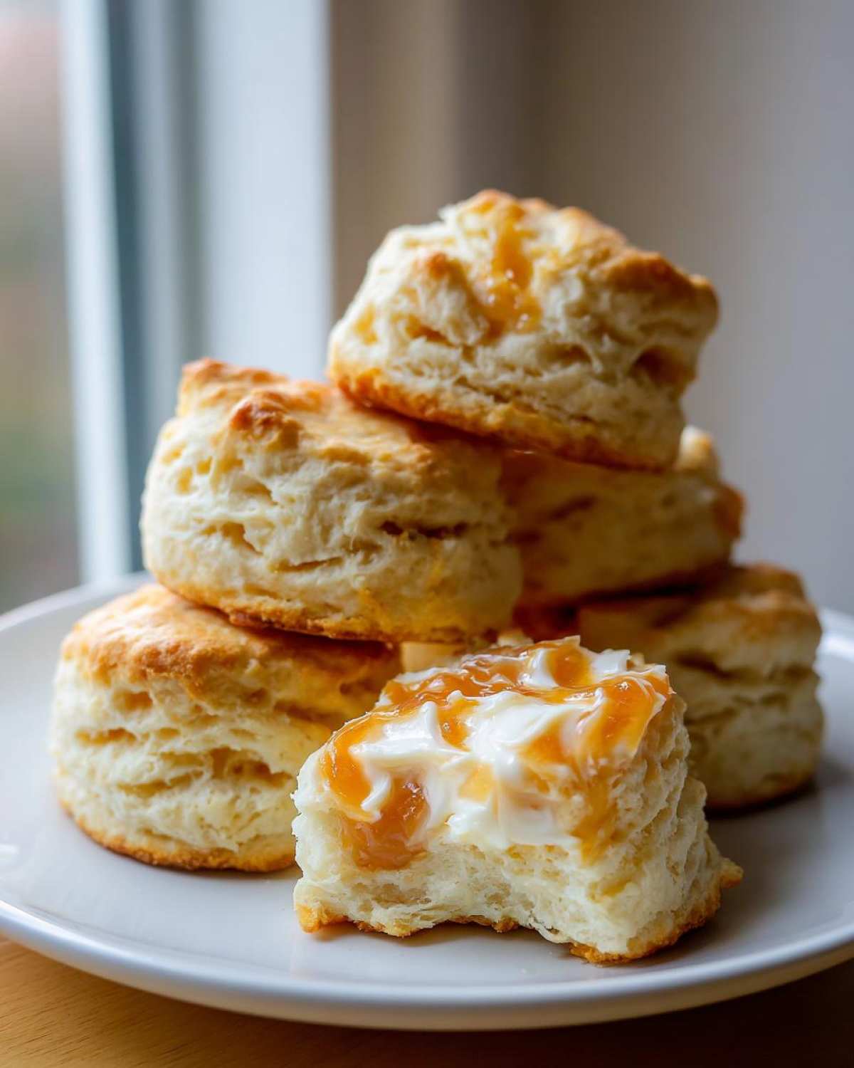 A stack of fluffy sweet potato biscuits, with one biscuit split open and topped with butter and orange jam.