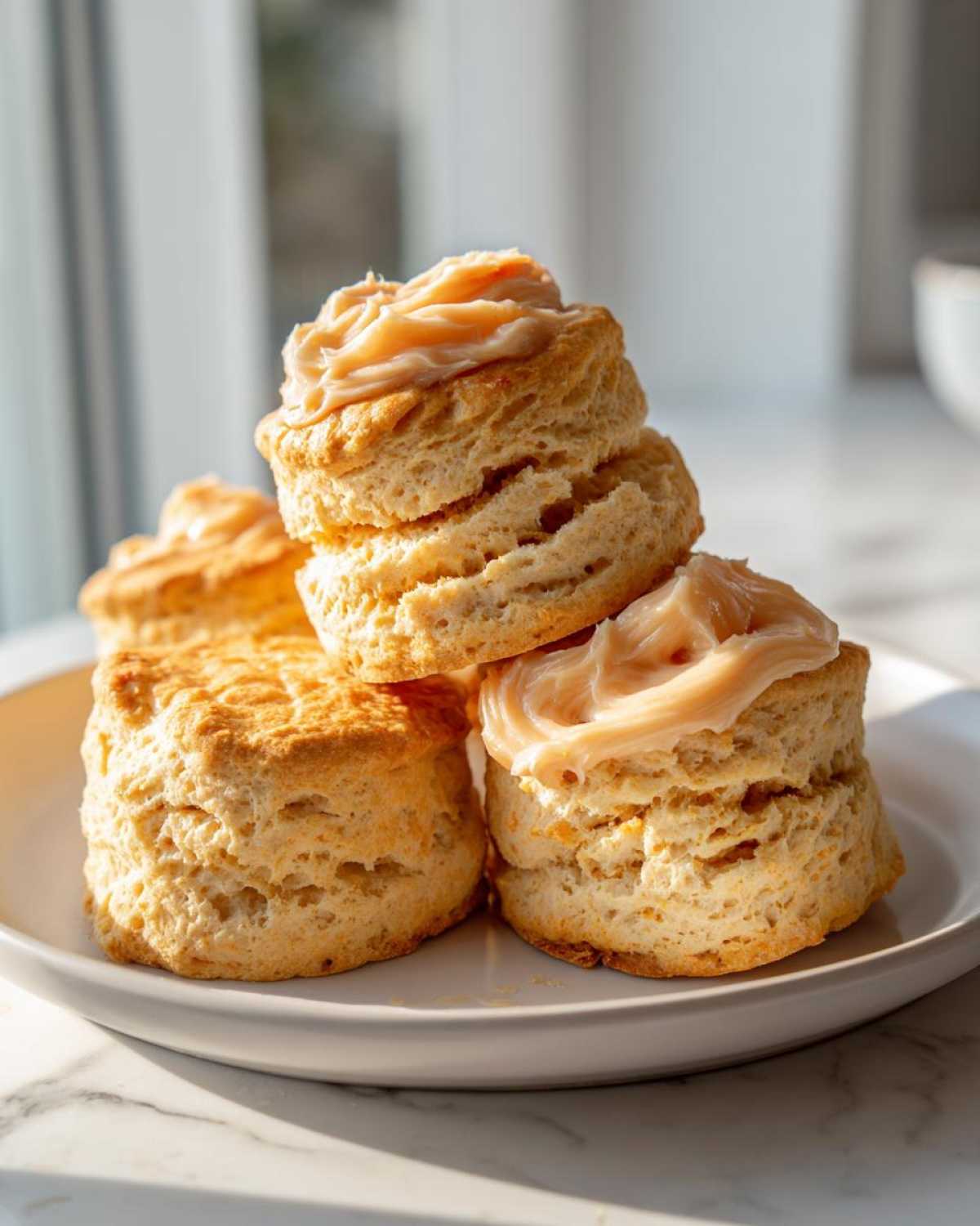 A stack of four fluffy sweet potato biscuits, two topped with a swirl of light orange frosting, served on a white plate.