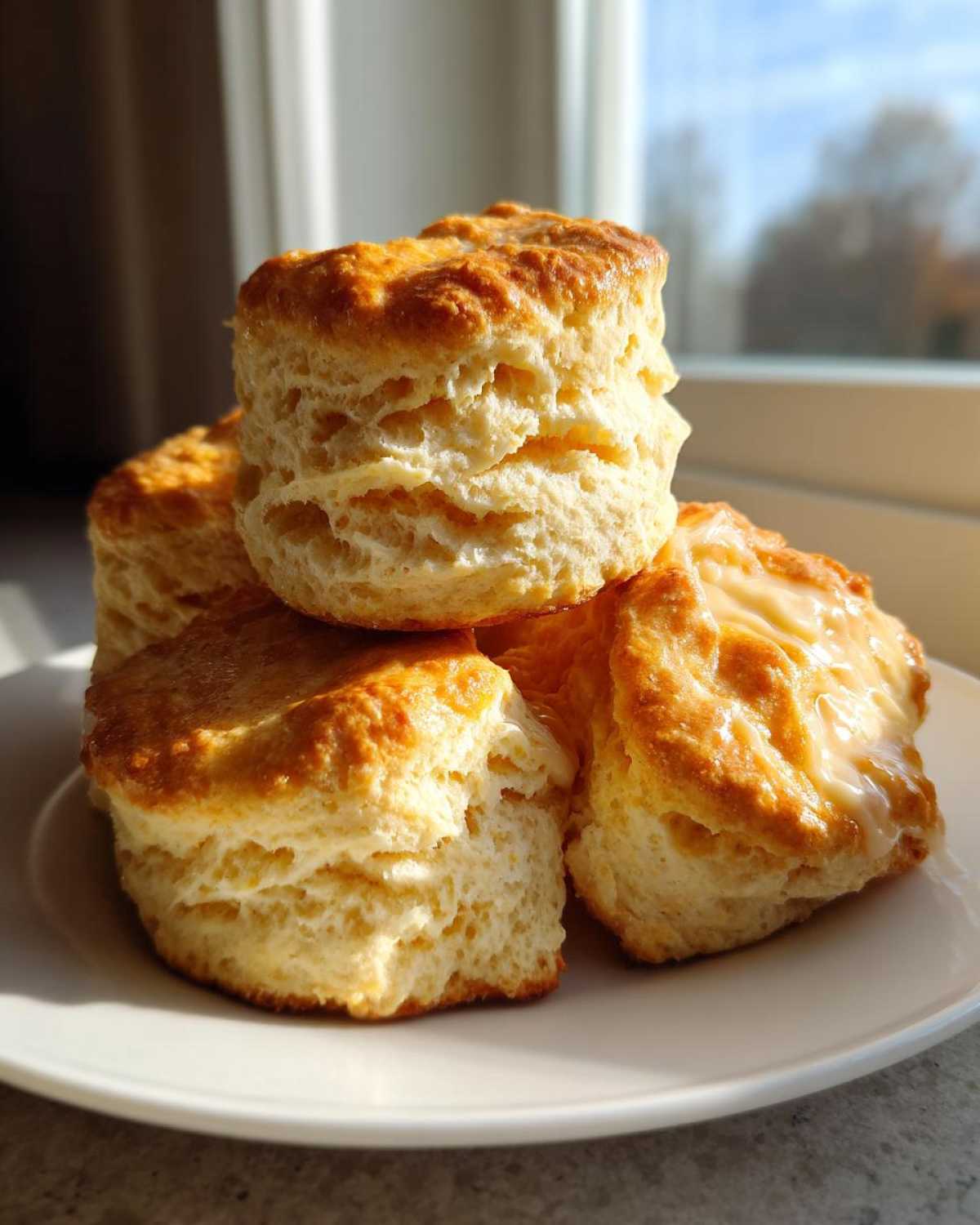 A stack of four tall, flaky sweet potato biscuits on a white plate, catching sunlight from a window.
