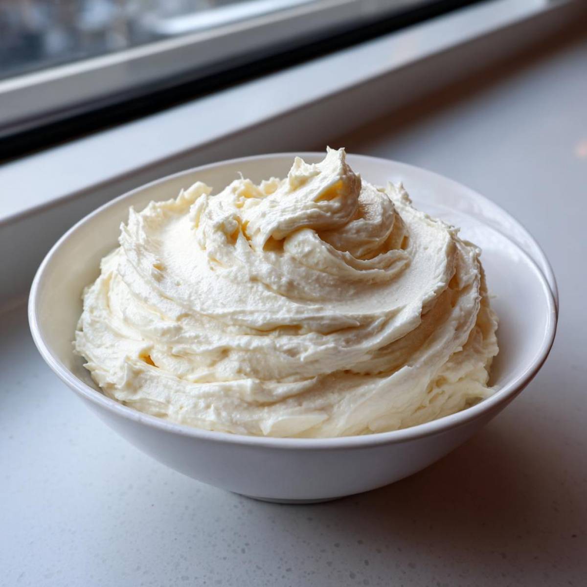 A close-up of fluffy vanilla buttercream frosting swirled high in a white bowl, ready for use.