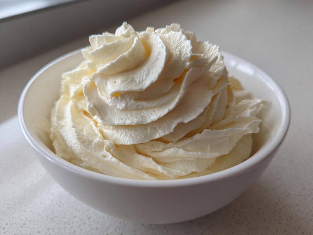 A close-up of fluffy vanilla buttercream frosting piped high in a small white bowl.