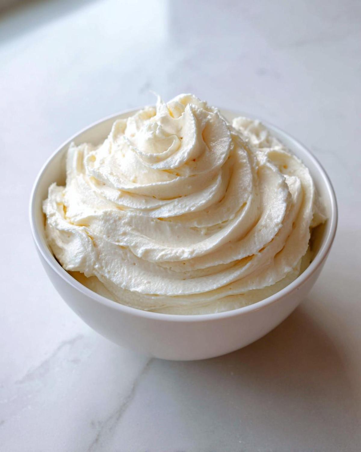 A bowl filled with perfectly piped, fluffy vanilla buttercream frosting, ready for decorating.