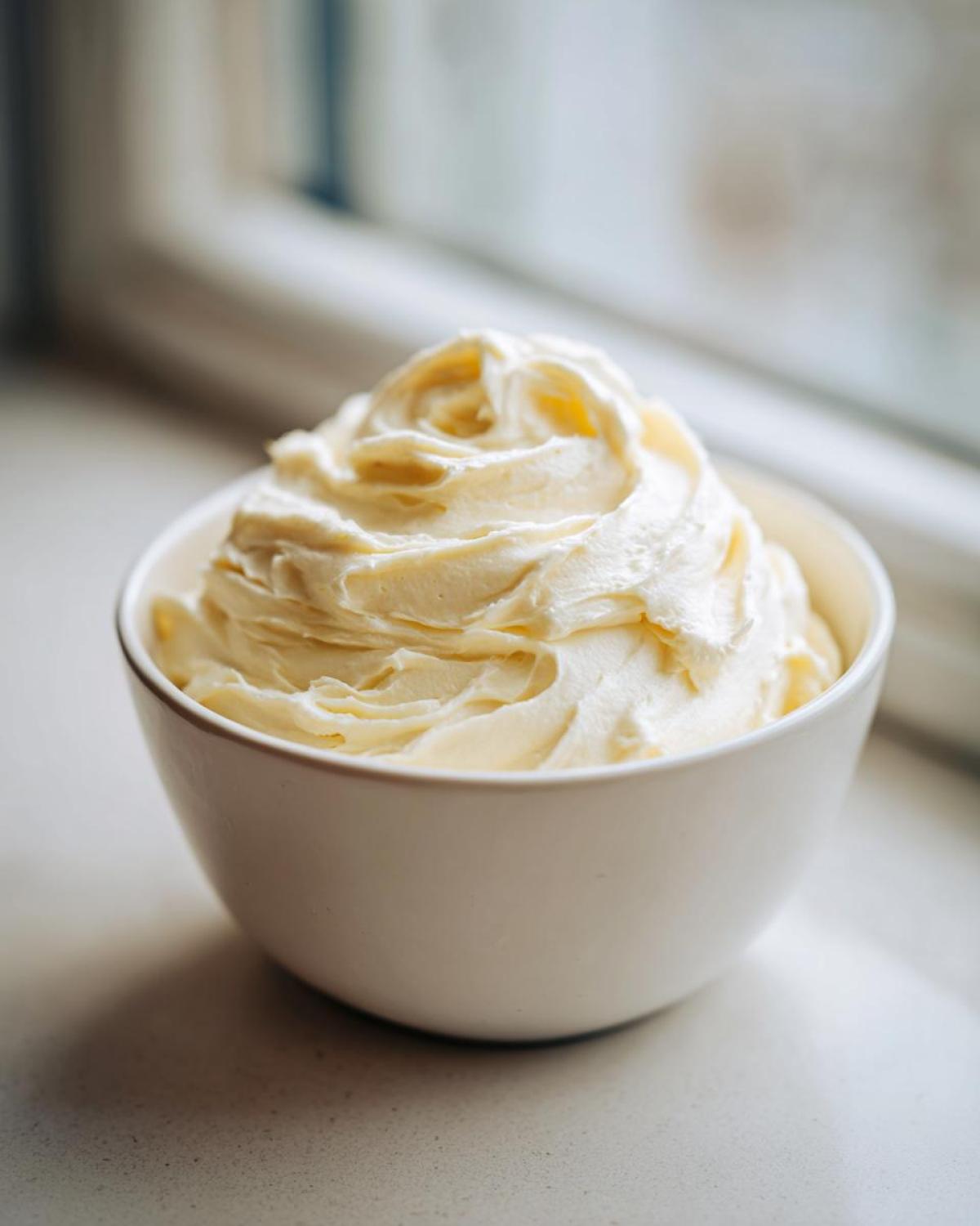A white bowl filled with freshly made, fluffy vanilla buttercream frosting, swirled high.